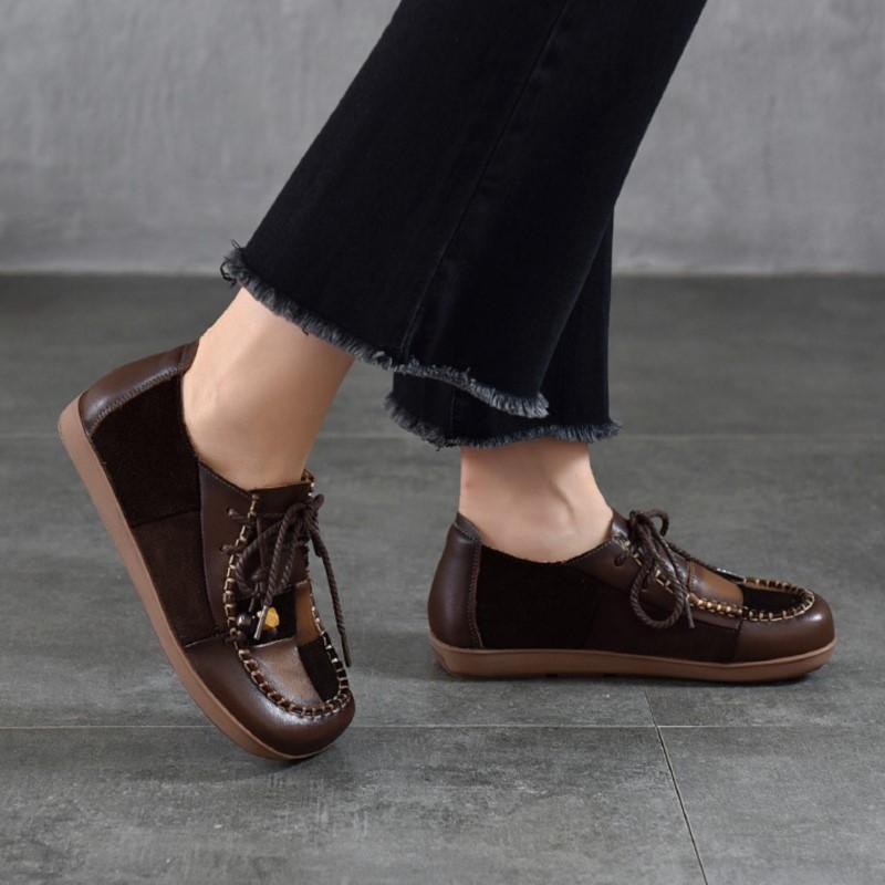 Johnature Genuine Leather Contrasting Color Flat Shoes Square Toe Stitched Lace Up Soft Soled Women's Shoes