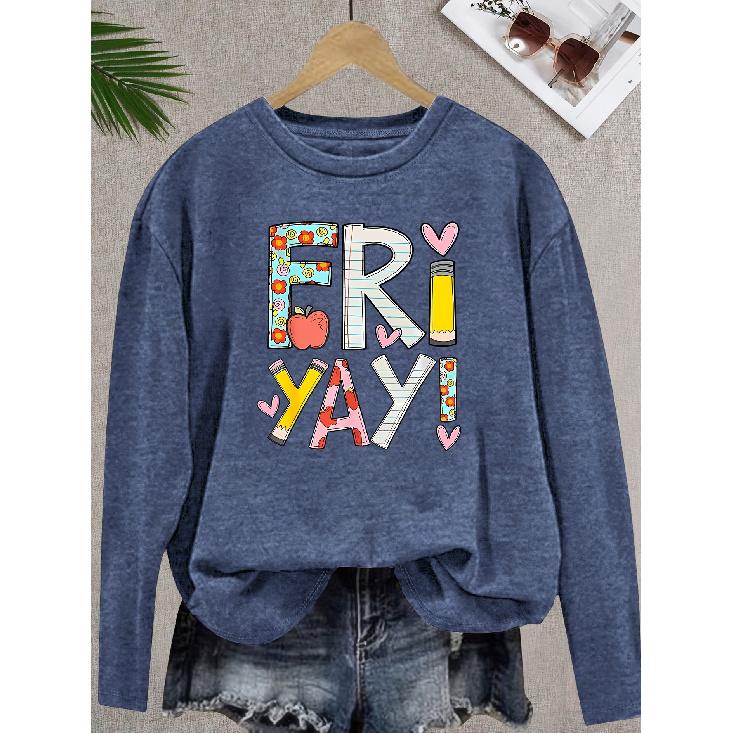 Women s casual elegant style in colorful tones “FRI YAY!” Printed pattern casual round-neck women s long-sleeve for spring, summer, autumn, and S