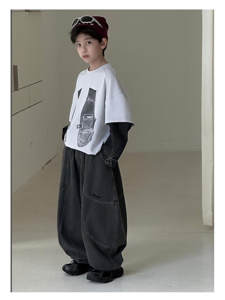 Dziecięce dżinsowe spodnie scimitar: Punkowe haftowane proste nogawki na wiosnę i jesień 2025 - Modna moda chłopięca.