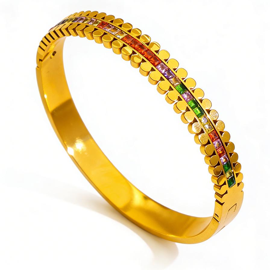 Elegant Inlaid Colorful Column Bracelet, Fashionable and Sophisticated Women's Open Hand Jewelry
