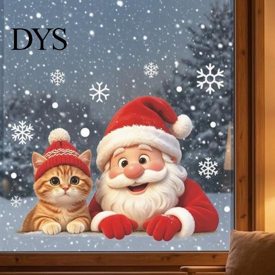 Holiday Glass Decals Christmas Santa Cat Window Sticker, Snowflake Xmas Decal, Waterproof Claus Stickers Self-Adhesive Decor for Balcony Storefront