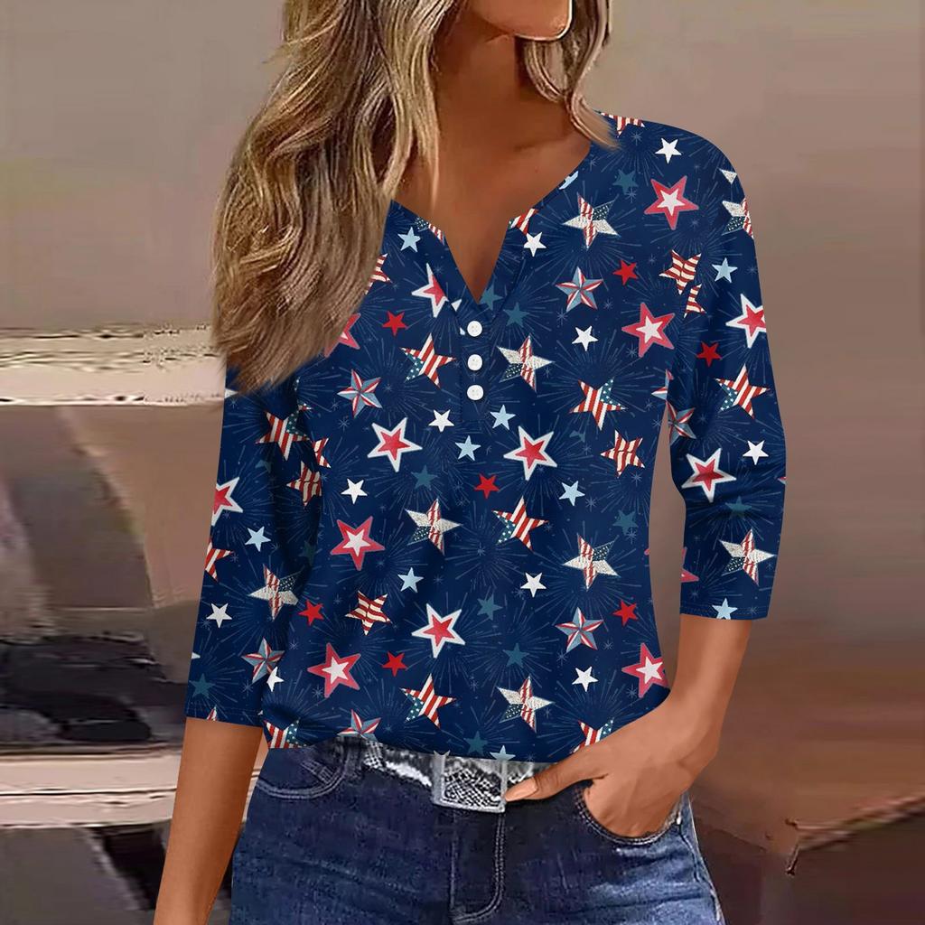 3/4 Length Sleeve Womens Tops Print Vintage Fashion Casual Loose With V Neck Plus Size Shirts Independence Day