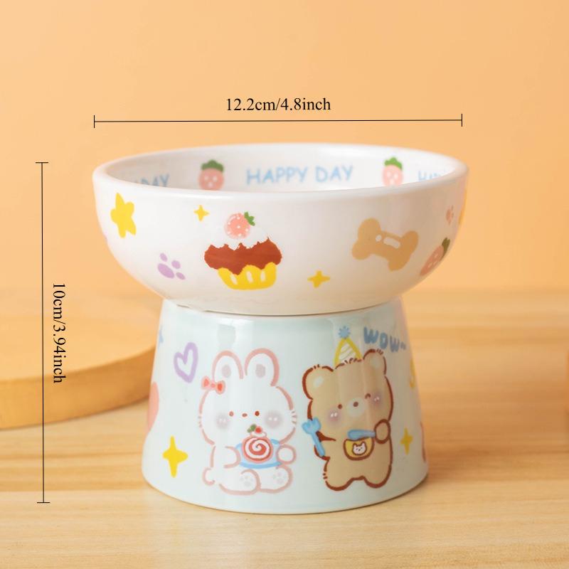

Cute Cartoon Ceramic Pet Bowl High Foot Neck Protection Flat Mouth Bowl Super Large Arc Structure