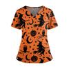 Womens V Neck Casual Halloween Print Top Short Sleeve Work Shirt Nurse Uniform Comfortable Fit Lightweight Fabric