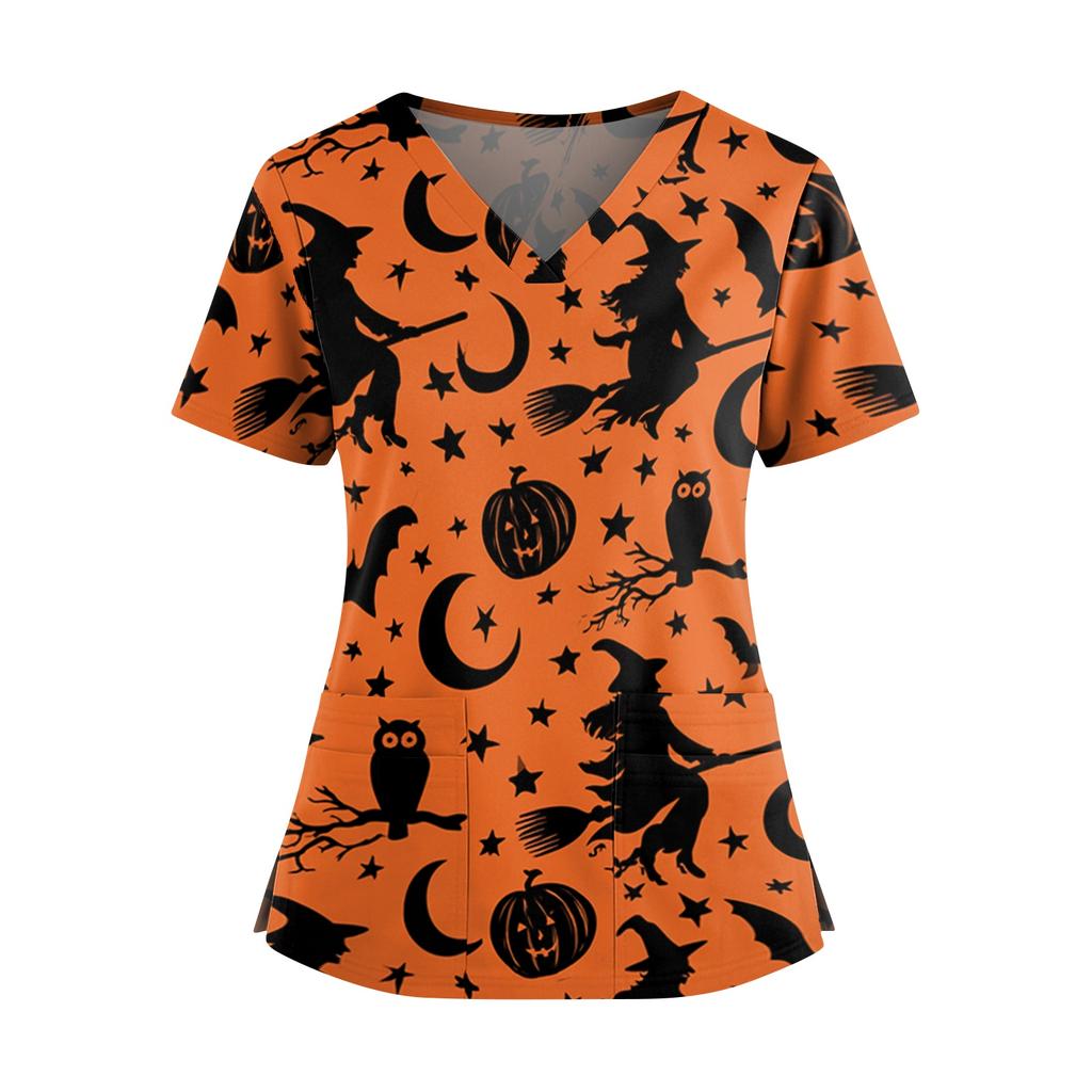 Womens V Neck Casual Halloween Print Top Short Sleeve Work Shirt Nurse Uniform Comfortable Fit Lightweight Fabric