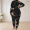 Women Plus Size Black Printed Round Neck Long Sleeve Longline Top Fitted Pants Two Piece Set