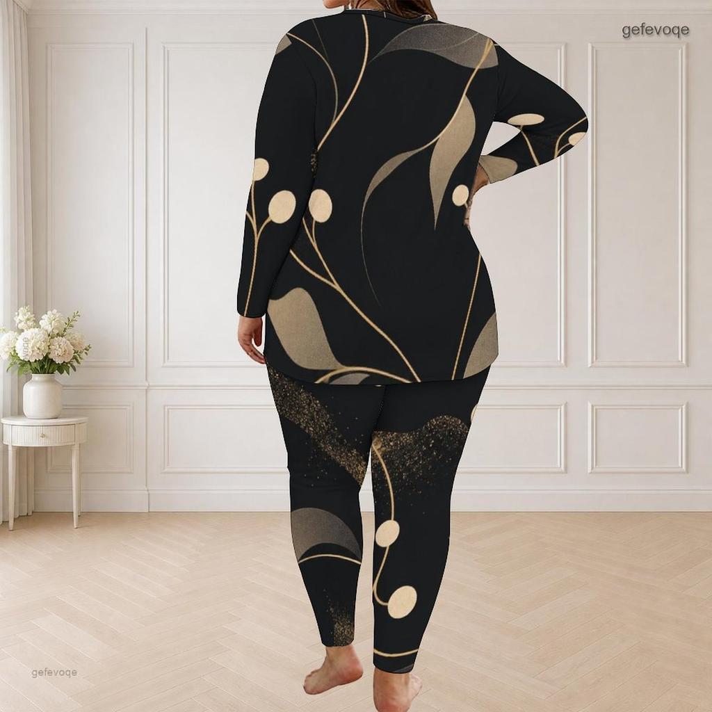 Women Plus Size Black Printed Round Neck Long Sleeve Longline Top Fitted Pants Two Piece Set