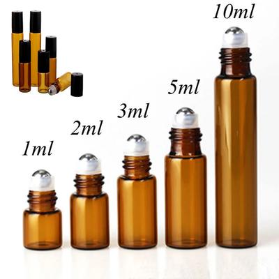 5-50pcs 1ml 2ml 3ml 5ml 10ml Glass Roll On Bottles For Essential Oils Amber Refillable Glass Roller Metal Oil Vials Mini Bottle