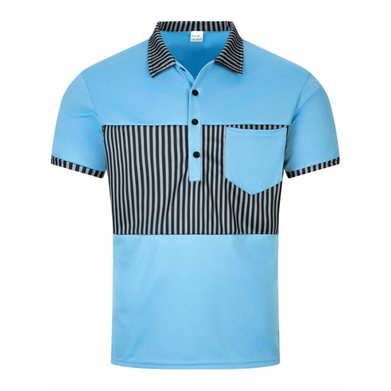 Fashionable Men's Casual Polo Shirt with Pocket Button, Long Placket, Collar, Striped Colour-Blocked Patchwork T-Shirt