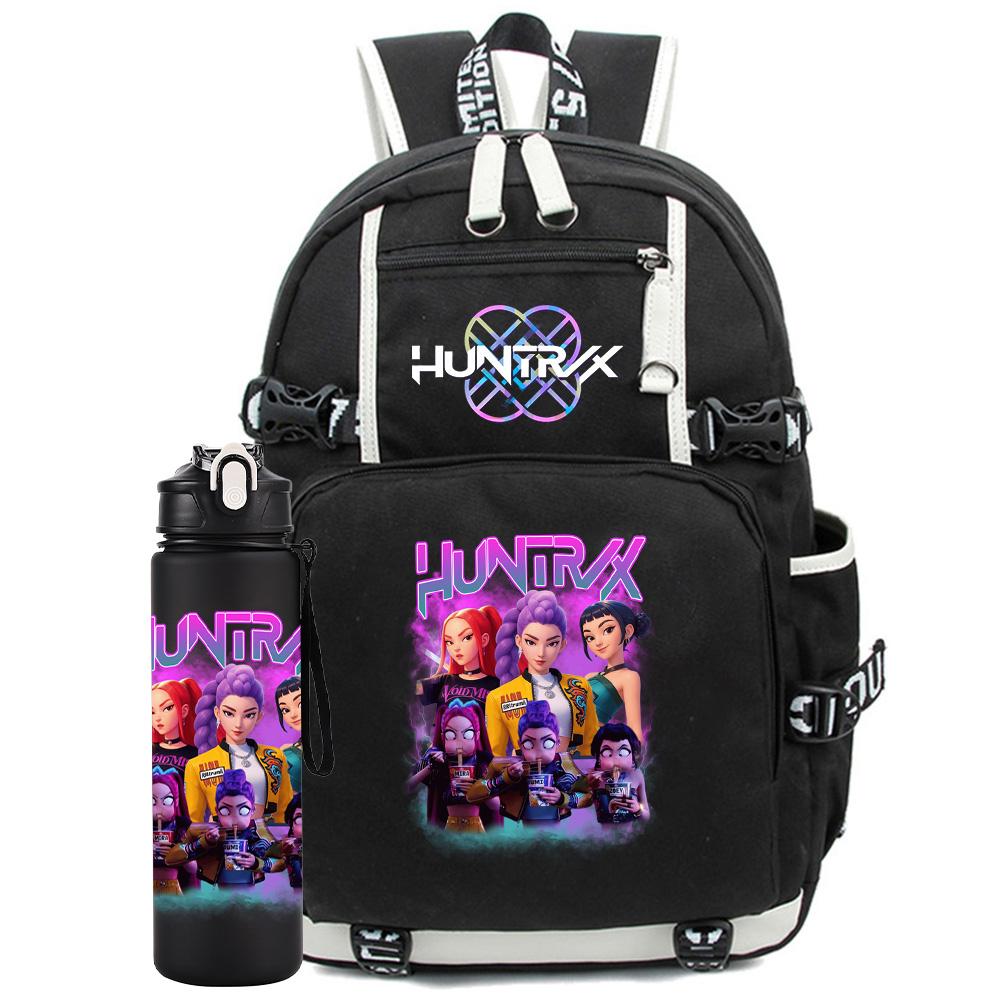 2Pcs/set Anime K-Pop Demon Hunters Printed Backpack with 750Ml Water Bottler for Teenager Student Girl Boy Large Capacity Waterproof Bookbag Gift