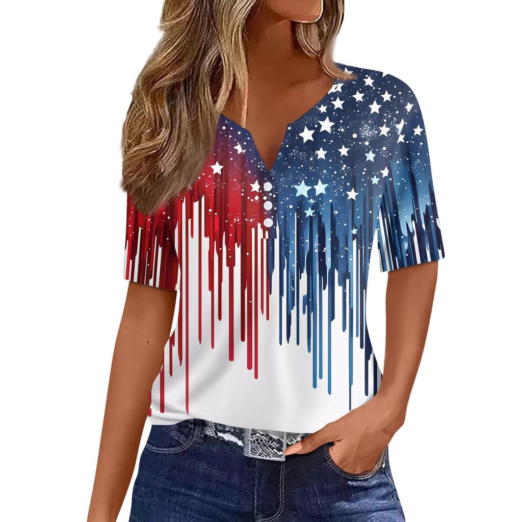 Damska koszulka z nadrukiem na Dzień Niepodległości, z krótkim rękawem, z guzikami, na co dzień, na weekend, w modnym, prostym kroju, z dekoltem w serek, regularna