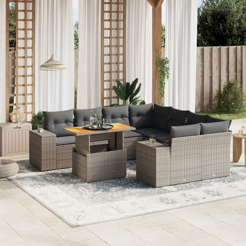 Vidaxl 9-Cz. Gartenmöbel-Set mit Kissen, Grau, Polyrattan