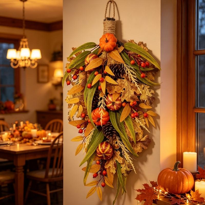 Halloween Wreath for Entry Door, Fall Seasonal Wreath with Display Loop for Entryway Wall or Porch, Elongated Wreath, Approx 27.6 Inch