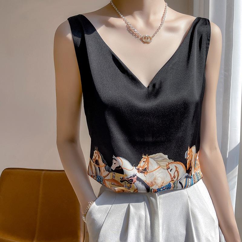 

Летний новый костюм с V-образным вырезом, на бретелях, с свободной печатью, топ из атласа без рукавов с подкладкой сзади XXXL чёрный