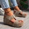 Damen Nietbesetzte Peep-Toe Reißverschluss Keilabsatz Plateau Sandalen