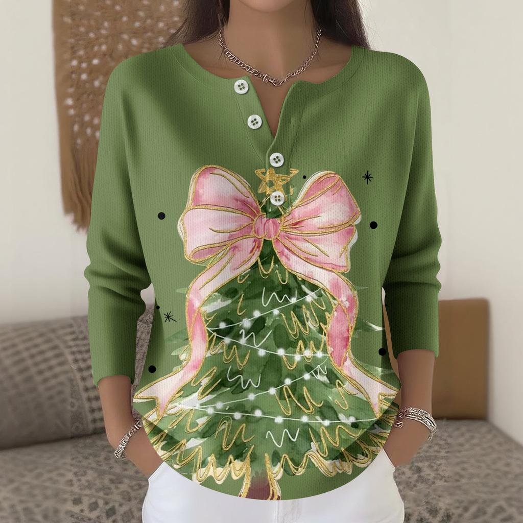 Damenmode Langarm Weihnachts-Schneeflocken-Print Top Elegantes Freizeit-Top