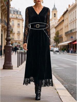 Europese Stijl Dames Elegante Kant Patchwork V-hals Lange Jurk