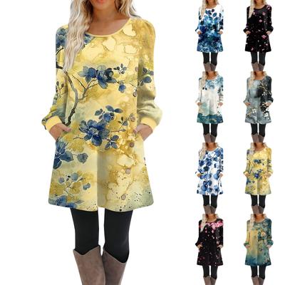 Damen Langarm A-Linien-Kleid Lässiger Pullover Mit Knopf Lockere Passform Kleid Mit Taschen