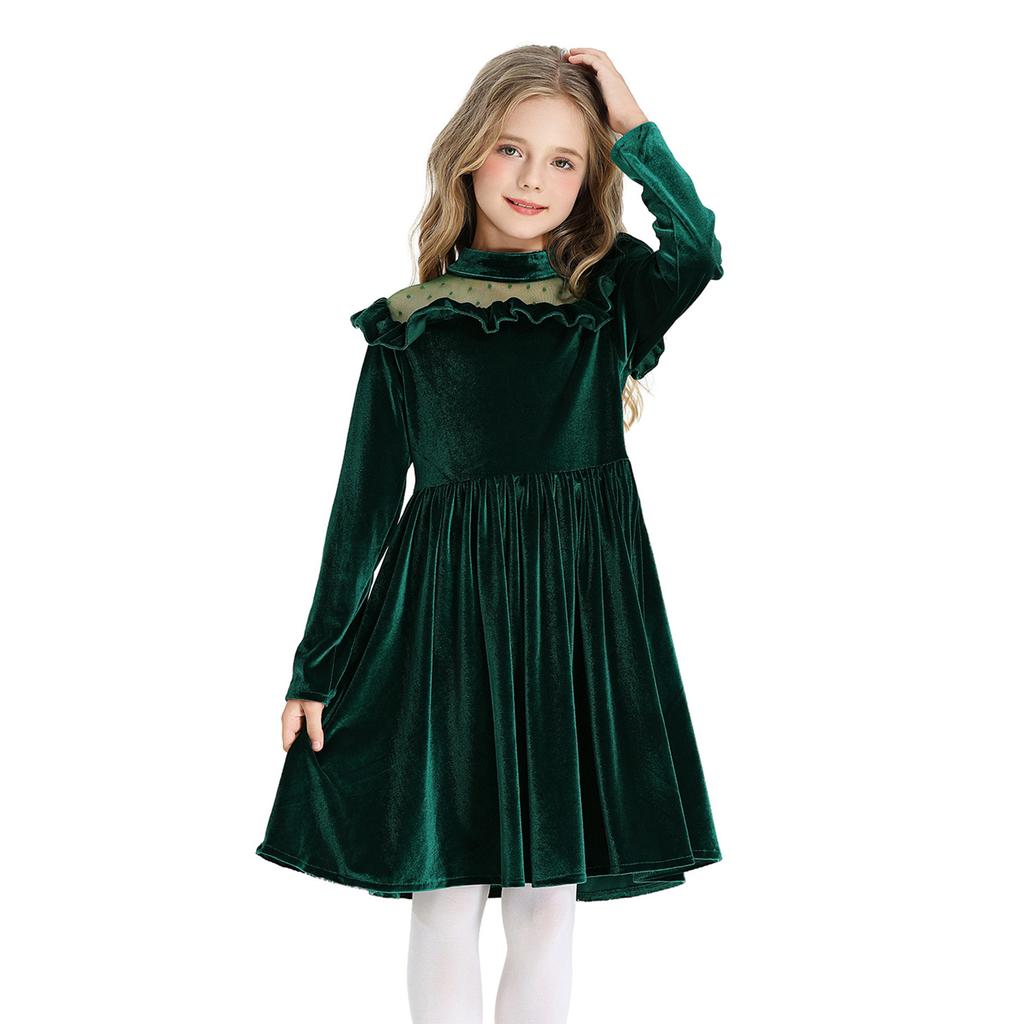 Girls' Fashion Cute Solid Color Ruffled Long-Sleeve Princess Christmas Party Performance Dress Tulle Gown