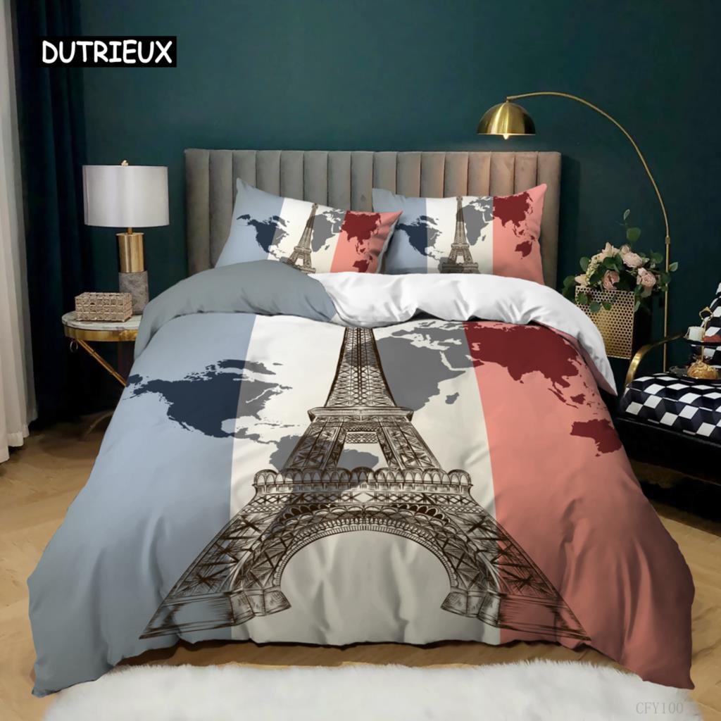 Eiffel Tower Duvet Cover Set King Paris Eiffel Tower Blue White Red Bedding Set Polyester World Famous Architectural Quilt Cover