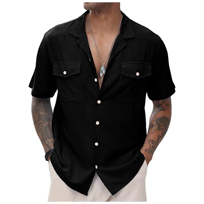 Men Black Notched Lapel Double Chest Pocket Button Down Short Sleeve Loose Casual Linen Shirt M чёрный