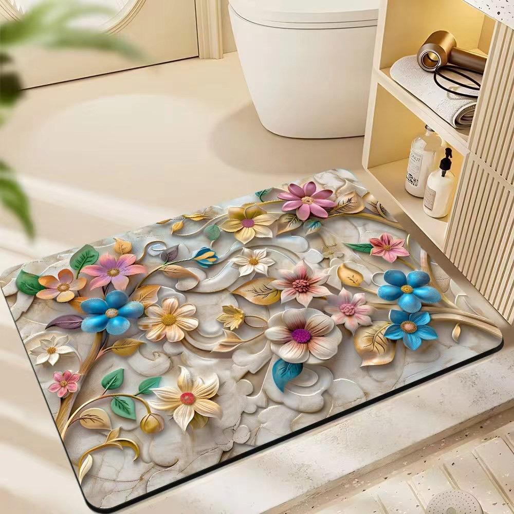 Visual 3D Floral Floor Mat Bathroom Sink Bathtub Side Absorbent Anti Slip Dirt Resistant Rug Entrance Carpet Home Decoration