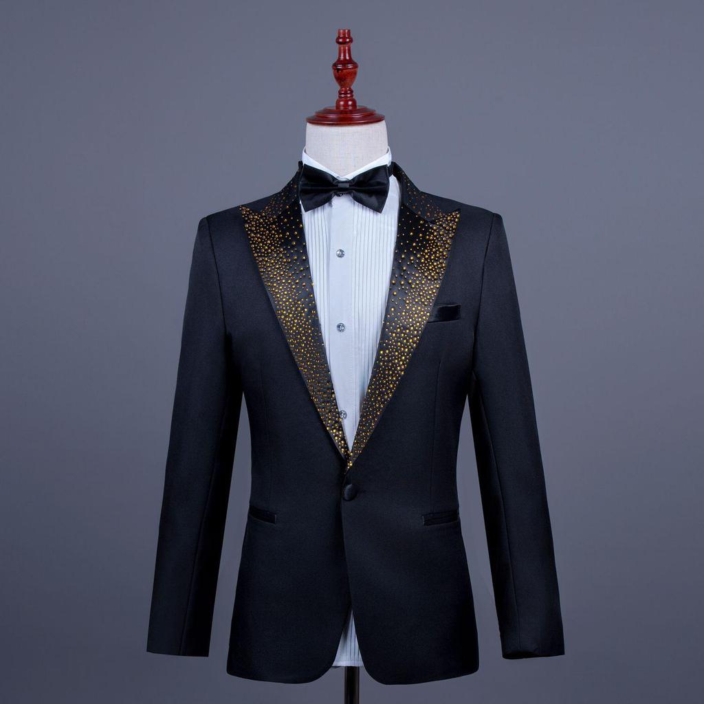 Men's Single-Breasted Rhinestone Suit Set for Banquet and Performance