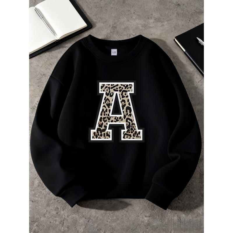 Oversized Round Neck Graphic Sweatshirt Kids Unisex with Black Greek Letter A & Leopard Print - Soft Sweater for, Casual Wear