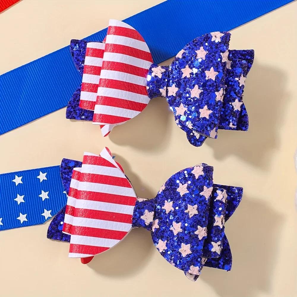 2pcs Independence Day Hair Bows Clips for Kid Girls Glitter Star Barrettes Hairpin Party Headwear Children Hair Accessories