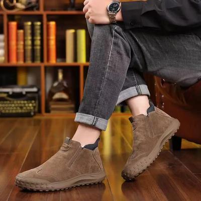 2026 Men's Warm Winter Suede High Top Snow Boots Fleece Lined Thickened Cotton Zipper Closure Anti Slip Chunky Sole Work Shoes