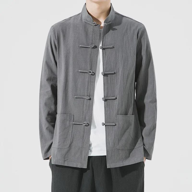 Herr Långärmad Vit Tangzuitröja - Retro Kinesisk Stil Hanfu med Ståkrage och Knappar