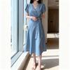 Korean Summer French-Style V-Neck Tie Waist Midi Dress with Bubble Sleeves