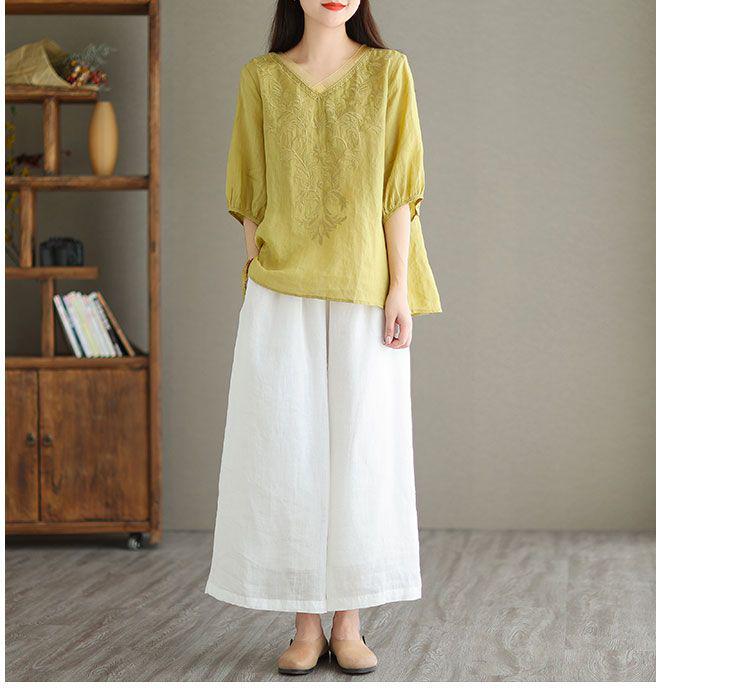 Women's Summer 2024 V-Neck Embroidered Three-Quarter Sleeve Cotton Linen Shirt