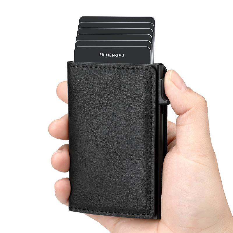 RFID Anti-Theft Men's Wallet with Pop-Up Aluminum Card Holder and Leather Sleeve