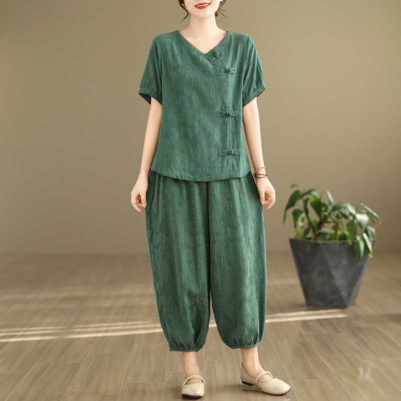 Vintage Set Bavlna Len Žakárový Hanfu Top+kalhoty Set Meditace Jóga Tai Chi Oblek pro venkovní chůzi