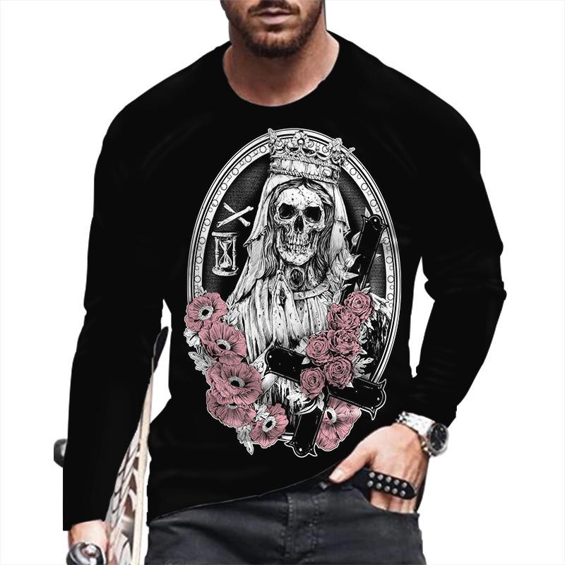 Autumn Winter Men's Christmas Pullover Long Sleeve Top Loose Fit Spring Skeleton Youth Men Round Neck Casual T-shirt