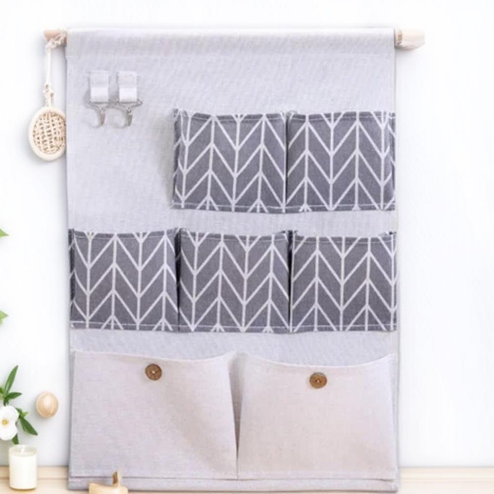 Cotton Linen Hanging Storage Bag 7 Pockets Waterproof Organizer for Bathroom Bedroom Wardrobe Wall Mount Home Storage Solution