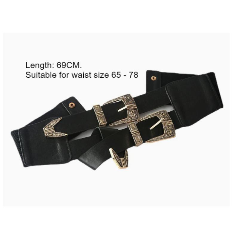 Women's Fashion Elastic Wide Waistband with Metal Carved Double Buckle Decorative Waist Belt for Dresses and Blouses Slim Waist
