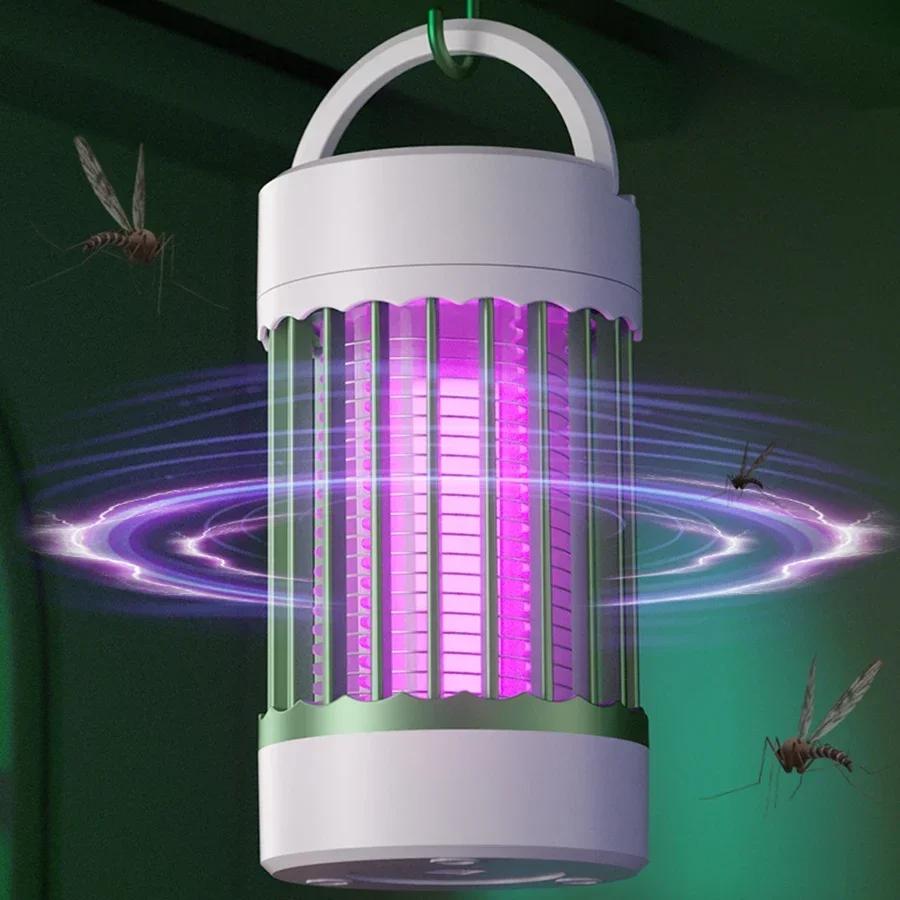 Lampă portabilă electrică anti-țânțari, reîncărcabilă USB, lumină UV, ucigaș de insecte de interior/exterior pentru camping sau casă cu lumină de noapte