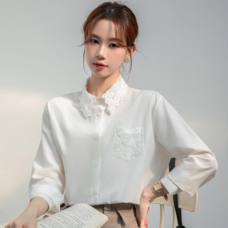 2026 Korean Chic Spring Lace Ruffle Collar Long Sleeve Top Large белый