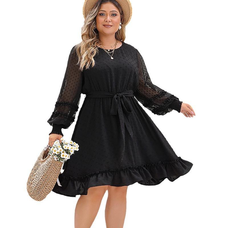 Round Neck Long Sleeve Black Dress for Women High Waist Slim Comfortable Breathable Mid Dress Casual Fashion Plus Size Commute Dress