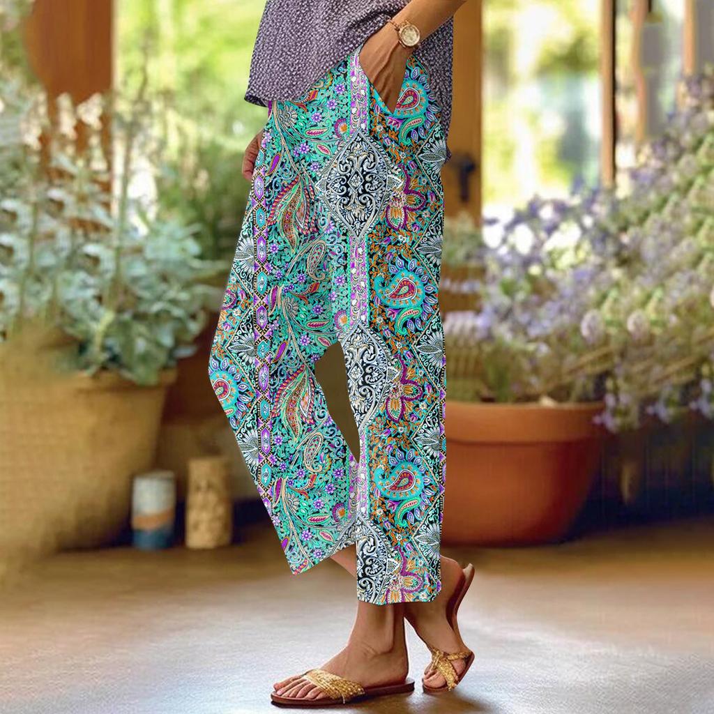 Damskie Modne Spodnie Casualowe z Kieszeniami i Elastyczną Gumką w Pasie z Kwiatowym Nadrukiem z Prostymi Nogawkami