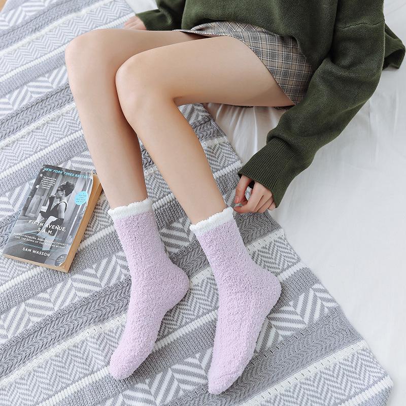 Women's Coral Fleece Mid-Calf Wool Socks for Autumn & Winter - Cozy Cable Knit, Home and Sleep Socks