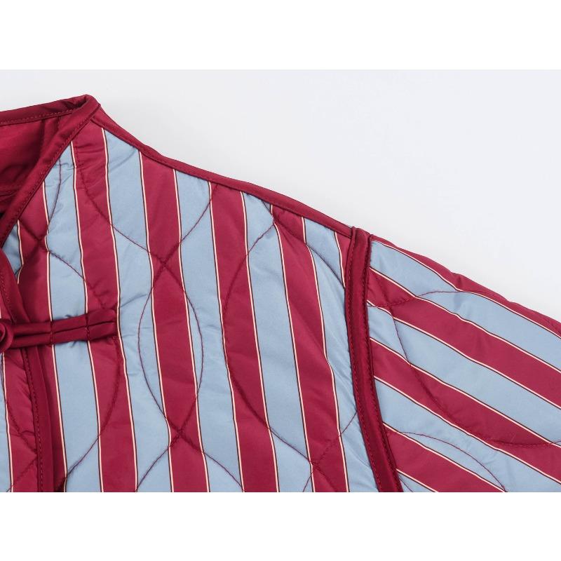 Women Long Sleeve Striped Cotton Padded Jacket With Knot Button