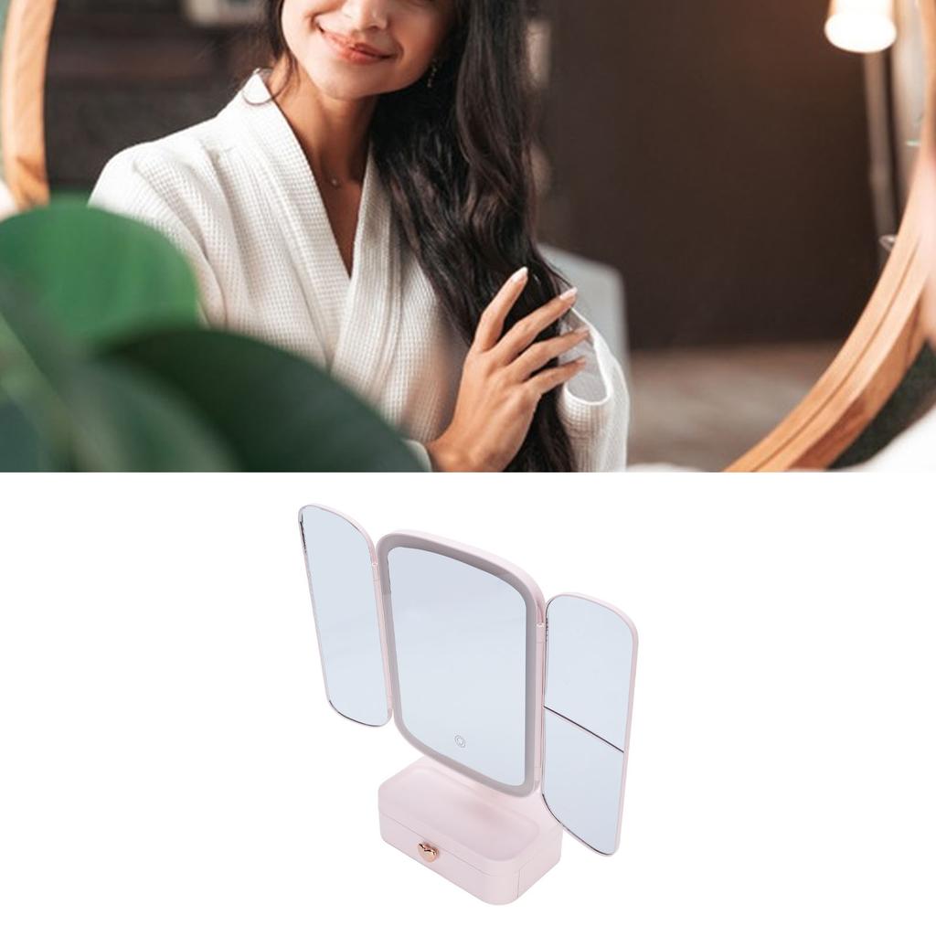 Desktop Lighted Makeup Mirror with Organizer 3 Color Temperature Dimming USB Rechargeable LED Light 