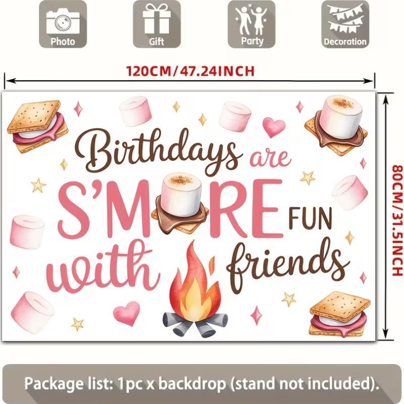 2D Camping S'mores Backdrop, Campfire Marshmallow Friends Themed Birthday Party Banner