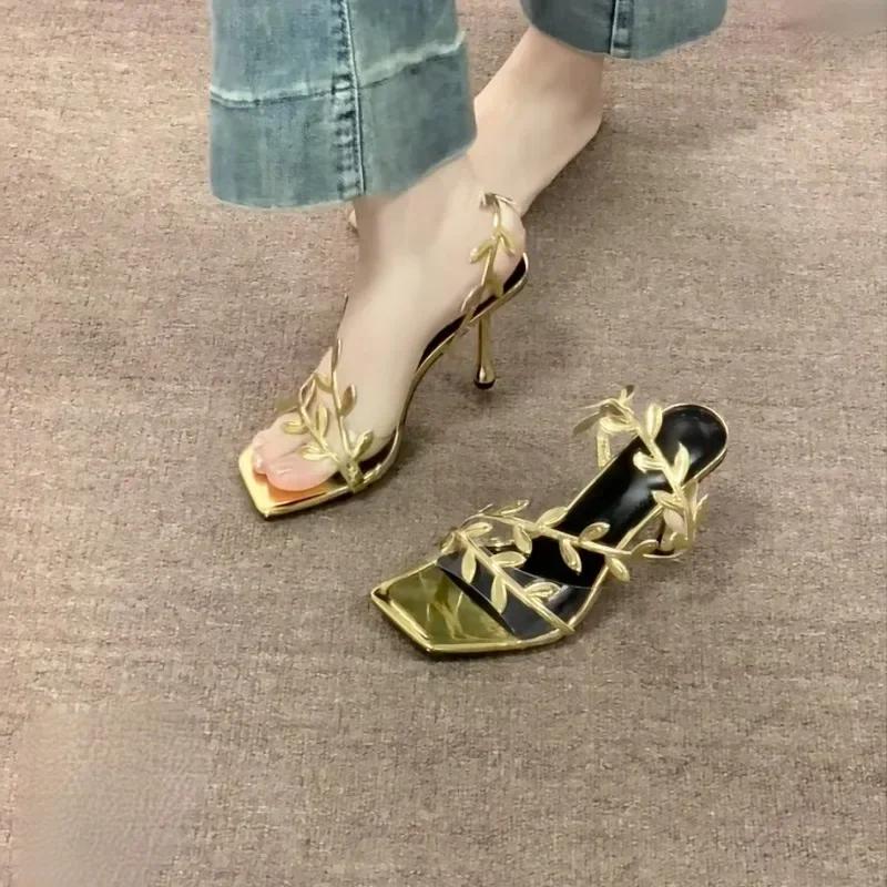 Fashion 2025 Summer Ladies High Heels Fashion Pointed Leaf Gold Silver High Heel Sandals Women Party Wedding Shoes