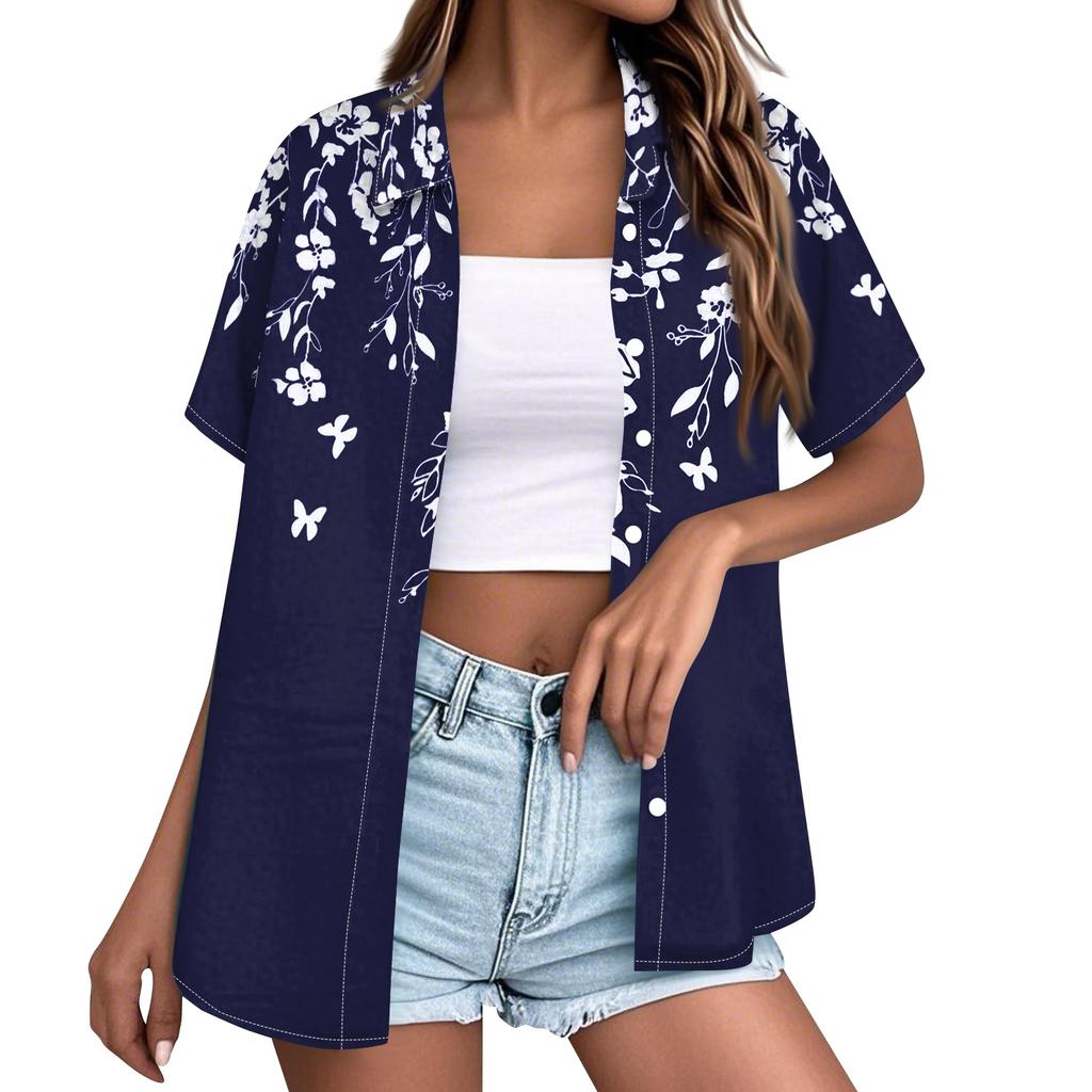 Women Casual Short Sleeve Button Down Shirt Hawaiian Print Collar Summer Beach Top Lightweight Loose Fit Blouse for Daily Wear