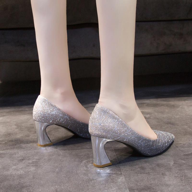 Sequins Wedding Party Shoes Women Sexy Pointed Toe 6.5cm Thick Heel Pumps Woman Slip-On Shining Banquet High Heels Shoes Female