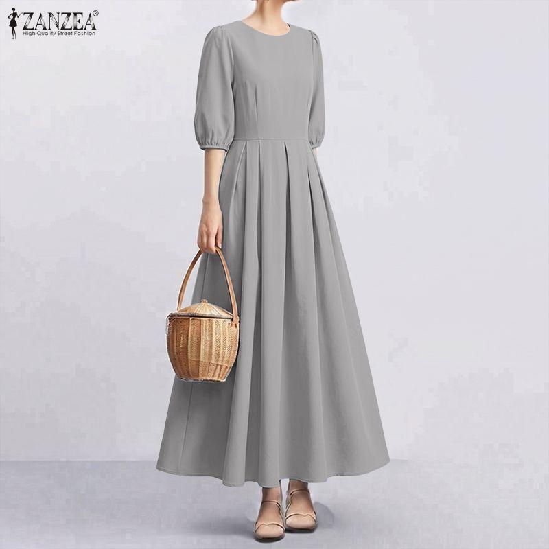 ZANZEA Abito Lungo Casual da Donna Girocollo Manica Corta Tinta Unita
